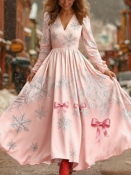 

Women Christmas Spring/Fall Dress V Neck Long Sleeve A-Line Dress, Pink, Dresses