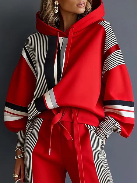 

Plus Size Casual Geometric Hoodie Raglan Sleeves Hoodie, Red, Plus Tops