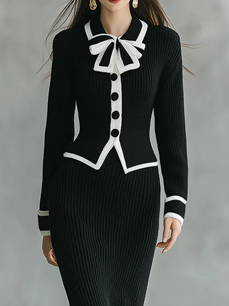 

Elegant Color Block Shirt Collar Sweater Cardigan, Black-white, Cardigans