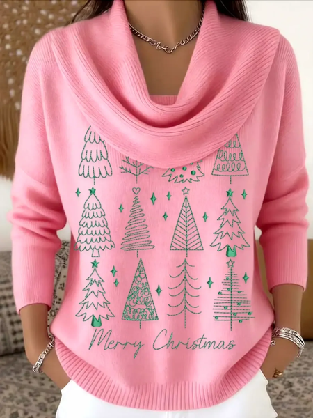 

Women Christmas Printing Spring/Fall Casual Long Sleeve Cowl Neck Sweater, Pink, Sweaters