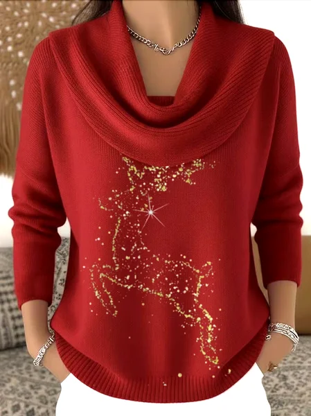 

Women Christmas Printing Spring/Fall Casual Long Sleeve Cowl Neck Sweater, Red, Sweaters