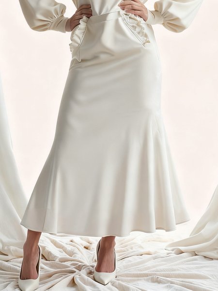 

Elegant Peplum Plain Midi Skirt, Off white, Skirts