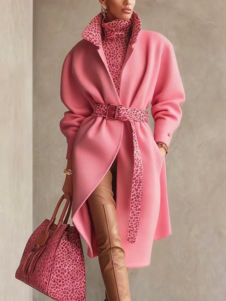 

Elegant Leopard Lapel Collar Coat With Belt, Pink, Coats