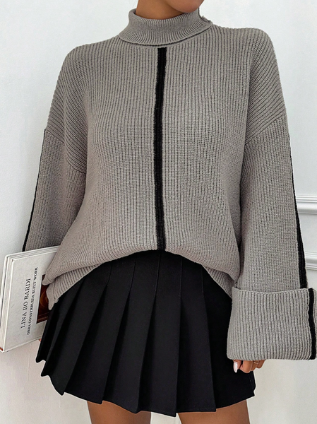 

Casual Color Block Turtleneck Sweater, Gray, Pullovers