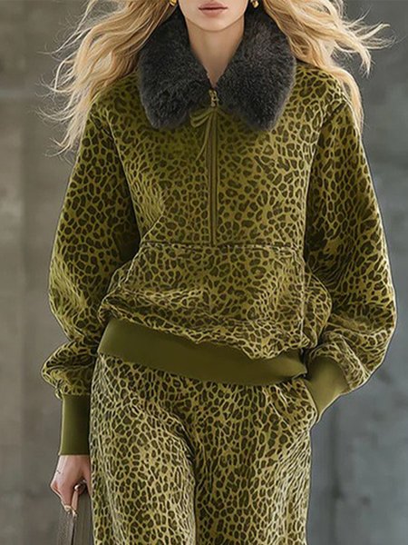

Urban Leopard Printing Shawl Collar Fur Collar Sweatshirt, Green, Hoodies and Sweatshirts