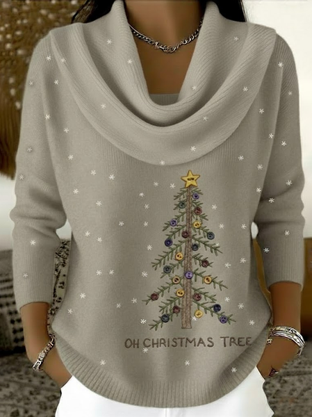 

Women Christmas Printing Spring/Fall Casual Long Sleeve Cowl Neck Sweater, Light khaki, Sweaters