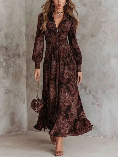 Women Floral Spring/Fall Dress V Neck Long Sleeve A-Line Dress