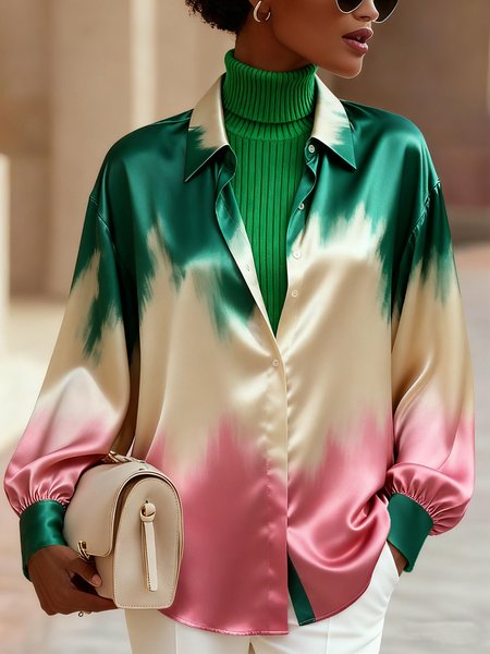 

Satin Elegant Gradient Pattern Printing Shirt Collar Shirt, Green, Blouses and Shirts