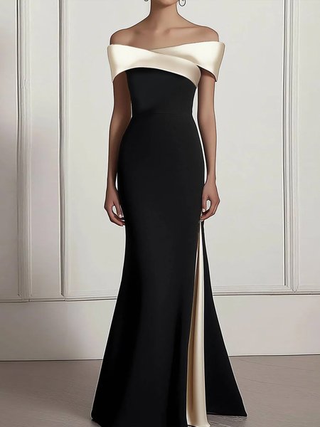 

Elegant Color Block Split Joint Off The Shoulder Maxi Dress, Black, Maxi Dresses