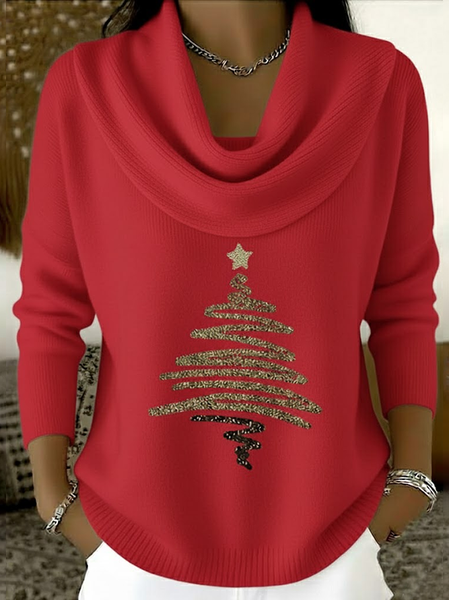 

Women Christmas Printing Spring/Fall Casual Long Sleeve Cowl Neck Sweater, Red, Sweaters