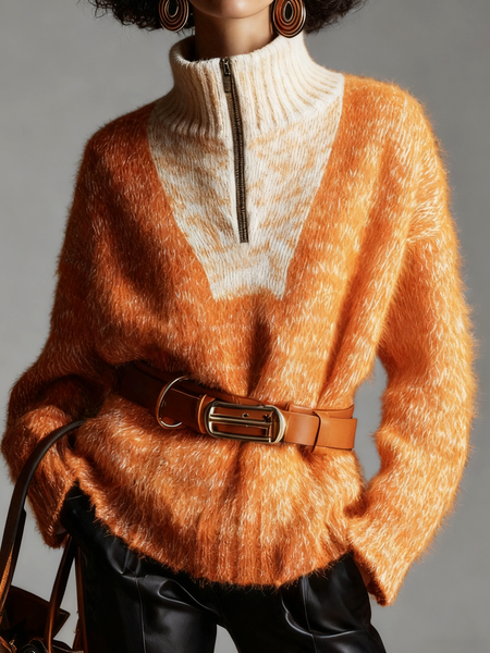 

Casual Color Block Stand Collar Sweater, Orange, Pullovers