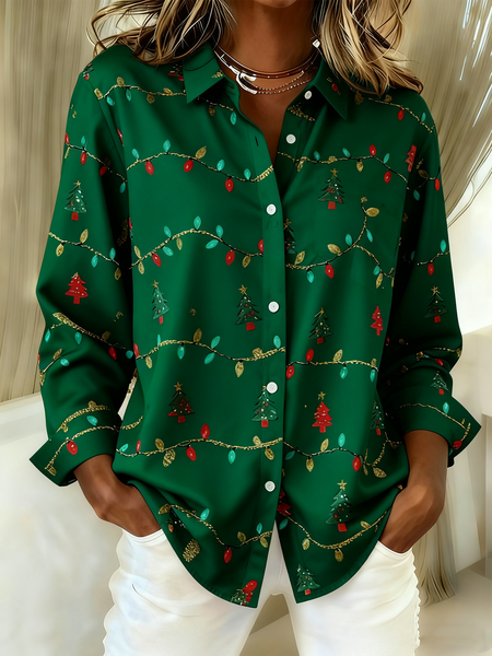 

Women Christmas Long Sleeve Shirt Spring/Fall Shawl Collar Holiday Vintage Top, Green, Blouses
