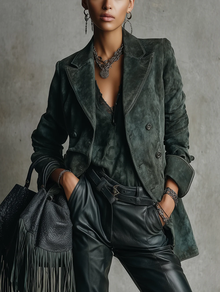 

Urban Buttoned Plain Lapel Collar Suede Coat, Green, Jackets