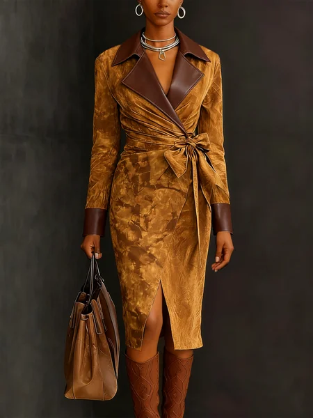 Urban Split Joint Color Block Lapel Collar Faux Leather Coat With Belt