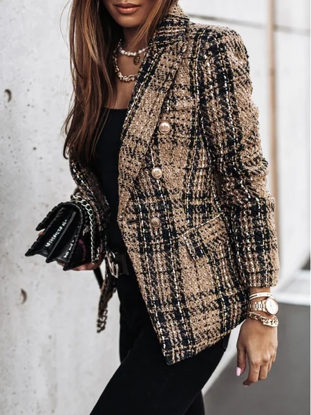 

Women Color Block Spring/Fall Outerwear Vintage Printing Long Sleeve Regular Blazer, Brown, Blazers