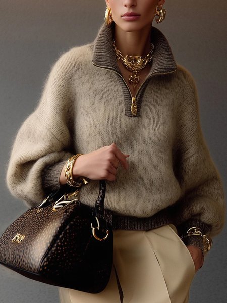 

Plus Size Casual Plain Zipper Mock Neck Raglan Sleeves Sweater, As picture, Plus Tops