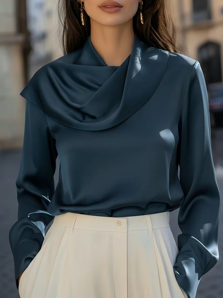

Satin Urban Plain Stand Collar Blouse, Blue, Blouses and Shirts