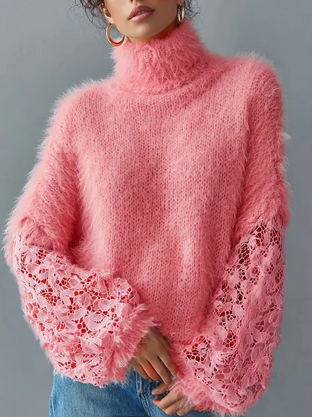 

Urban Plain Buttoned Turtleneck Balloon Sleeve Sweater, Pink, Pullovers