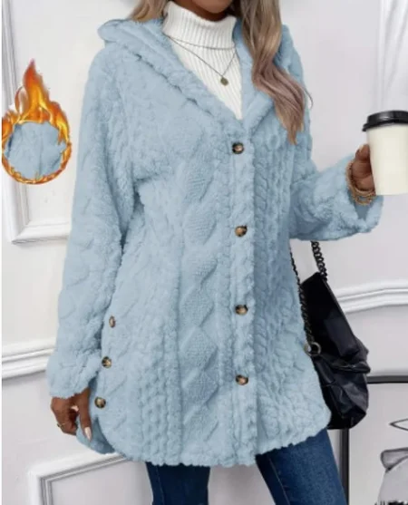 

Women Winter Outerwear Casual Plain Long Sleeve Hoodie Jacket, Sky blue, Coats