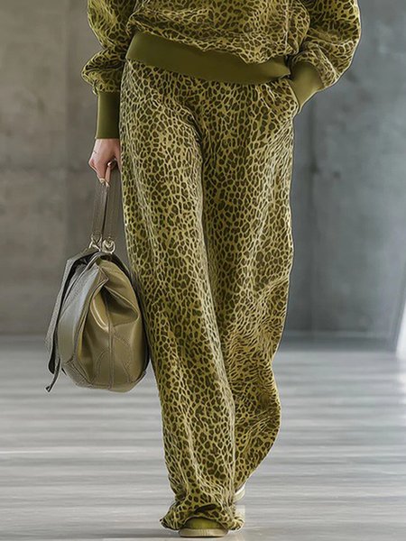 

Urban Leopard Printing Straight Pants, Green, Pants