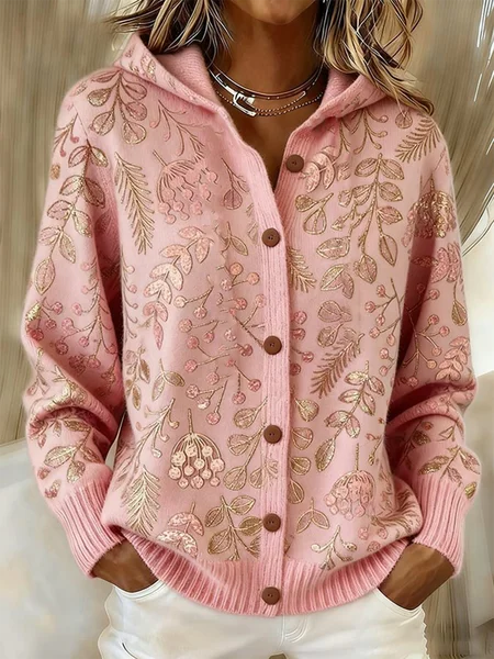 

Women Wool/Knitting Botanical Pattern Long Sleeve Comfy Casual Cardigan, Pink, Cardigans