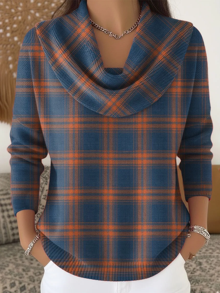 

Women Plaid Printing Spring/Fall Casual Long Sleeve Cowl Neck Sweater, Blue, Sweaters