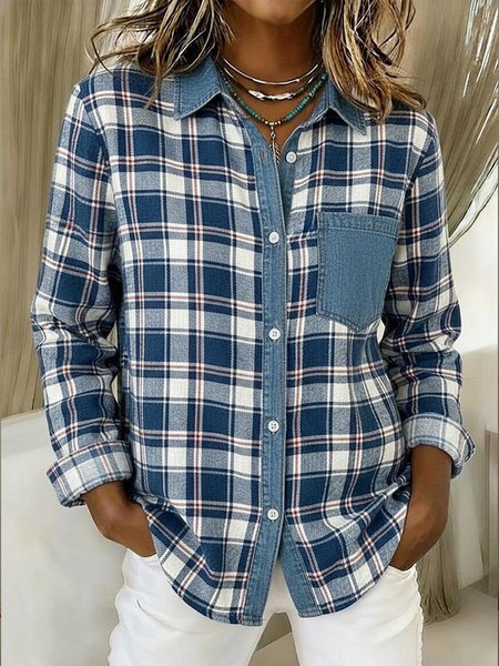

Shawl Collar Long Sleeve Plaid Regular Micro-Elasticity Loose Shirt For Women, Blue, Shirts