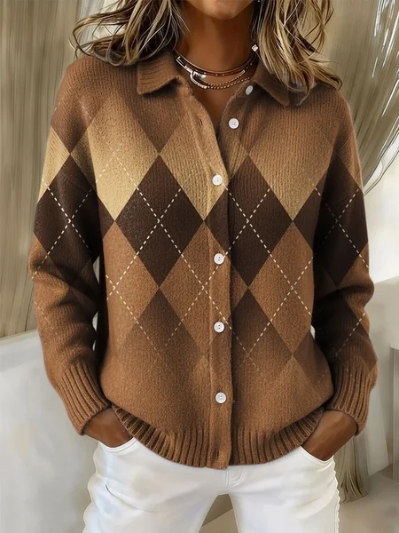 

Women Plaid Printing Long Sleeve Shawl Collar Vintage Spring/Fall Cardigan Outerwear, Brown, Cardigans