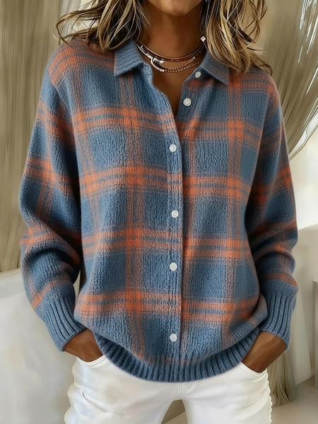 

Women Plaid Long Sleeve Comfy Vintage Printing Cardigan, Blue, Cardigans