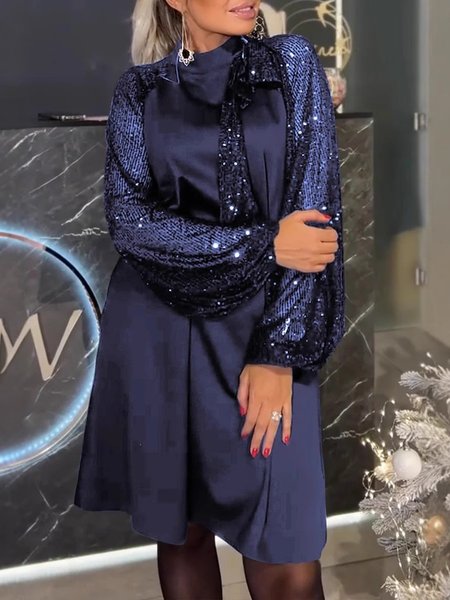 

Women Plain Long Sleeve Spring/Fall Split Joint Dress Crew Neck Daily Vintage Midi Sequin A-Line Dress, Blue, Dresses