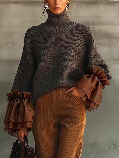 

Casual Color Block Turtleneck Sweater with Sheer Ruffle Cuffs, Gray, Pullovers