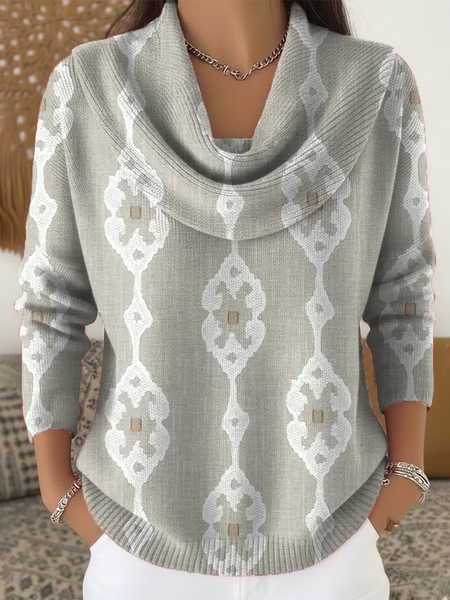 

Women Abstract Printing Spring/Fall Casual Long Sleeve Cowl Neck Sweater, Gray, Sweaters