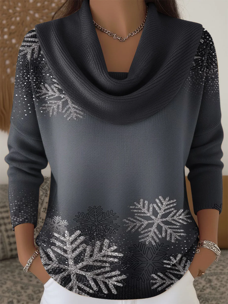 

Women Christmas Printing Spring/Fall Casual Long Sleeve Cowl Neck Sweater, Black, Sweaters