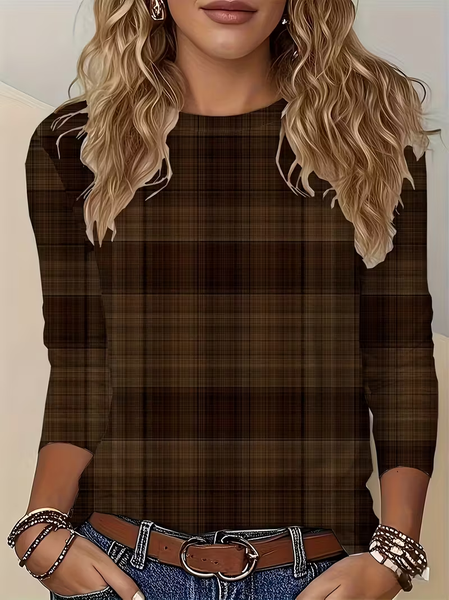 

Casual Plaid Crew Neck Long Sleeve T-shirt, Brown, Blouses