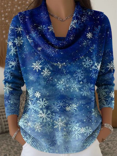 

Women Christmas Printing Spring/Fall Casual Long Sleeve Cowl Neck Sweater, Blue, Sweaters