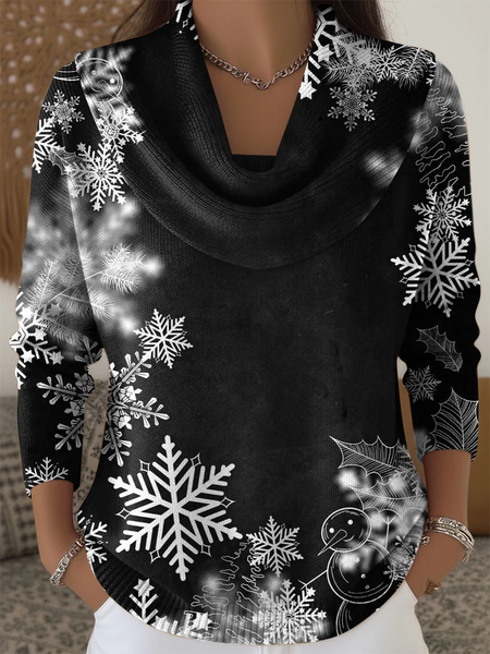 

Women Christmas Printing Spring/Fall Casual Long Sleeve Cowl Neck Sweater, Black, Sweaters