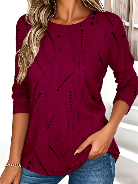 

Casual Striped Crew Neck Long Sleeve T-shirt, Purple red, T-shirts
