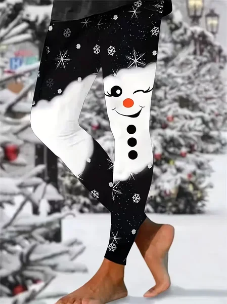 

Women Christmas Snowman Casual All Season Printing Long Leggings, Black-white, Leggings