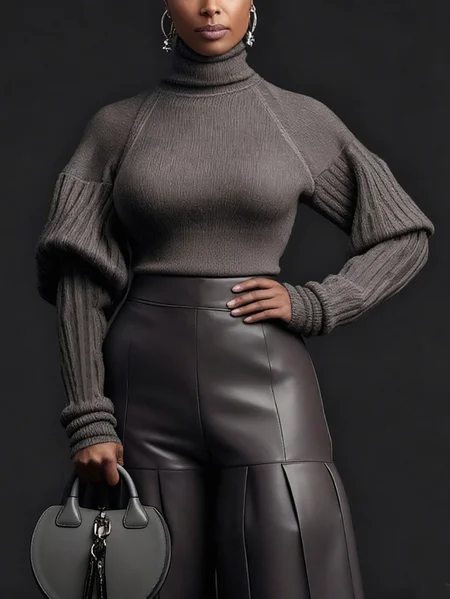 

Plus Size Urban Plain Turtleneck Puff Sleeve Sweater, Gray, Plus Tops