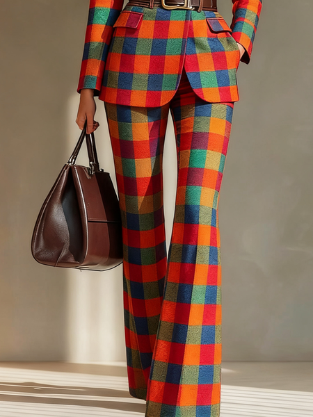 

Urban Plaid Printing Flare Pants, As picture, Pants