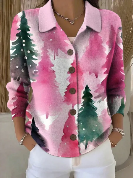 

Women Christmas Long Sleeve Comfy Vintage Printing Cardigan, Pink, Cardigans