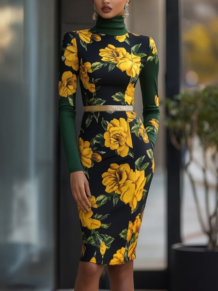

Elegant Floral Printing Turtleneck Knee Length Dress, Green, Midi Dresses