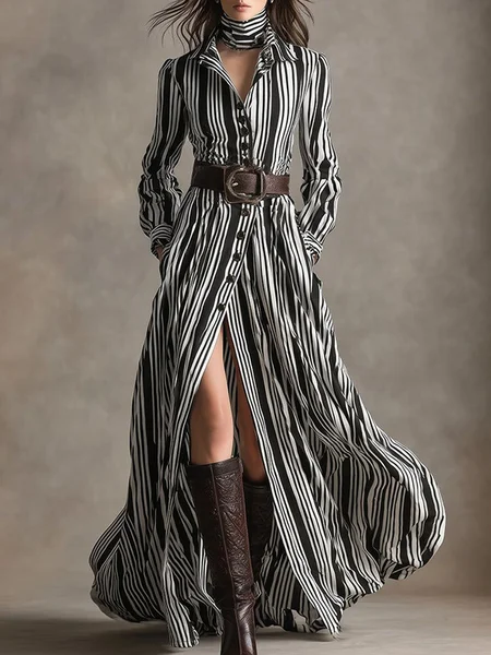 

Vacation Striped Shirt Collar Maxi Dress No Belt, Stripe, Maxi Dresses
