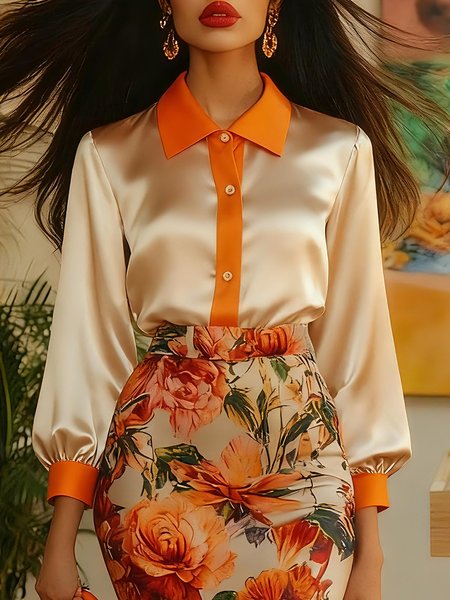 

Elegant Color Block Split Joint Shirt Collar Shirt, As picture, Blouses and Shirts