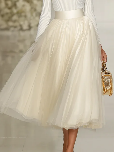 

Elegant Ruched Plain Midi Skirt, Ivory, Skirts
