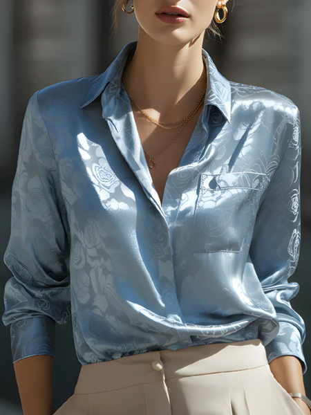 

Satin Urban Floral Shirt Collar Shirt, Blue, Blouses and Shirts