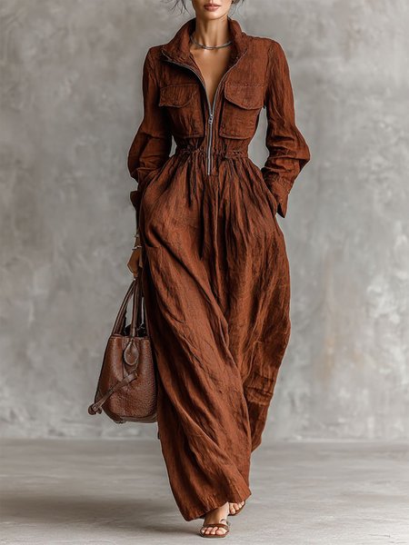 

Cotton And Linen Casual Plain Pockets Shawl Collar Maxi Dress, Brown, Maxi Dresses