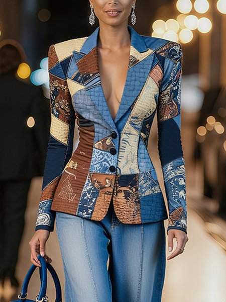 

Casual Printing Random Print Lapel Collar Blazer, Blue, Blazers