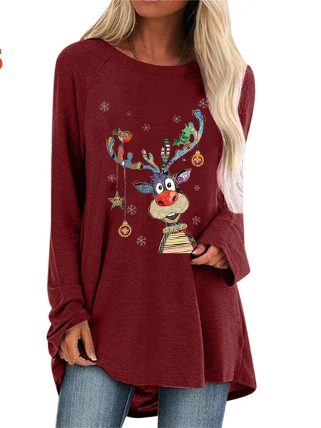 

Casual Geometric Crew Neck Long Sleeve T-shirt, Burgundy, T-shirts