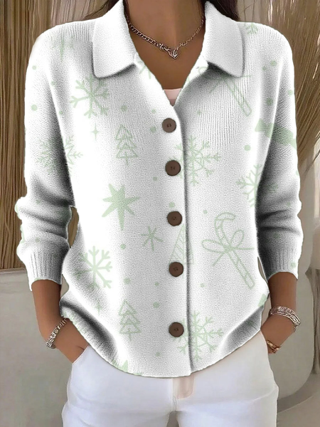 

Women Christmas Printing Long Sleeve Shawl Collar Vintage Spring/Fall Cardigan Outerwear, White, Cardigans